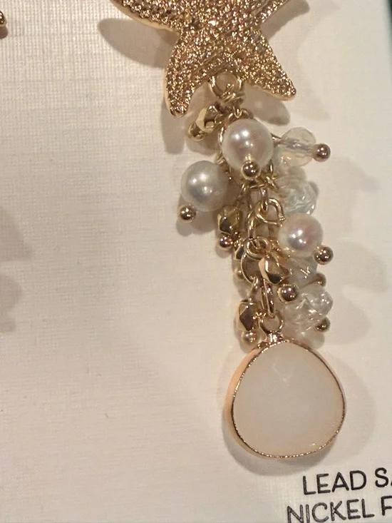 Piper K Gold Starfish & Pearl Glass Stones  Drop Cascading Earrings - White NIB - Picture 3 of 8